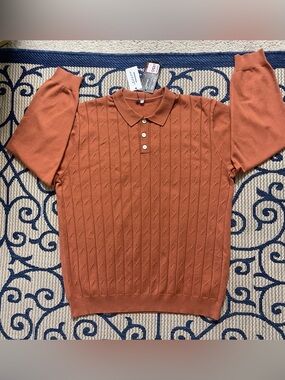 Men's Knit Polo in Rust Orange with Button Placket